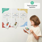 Child holding a book with emotional regulation cards on a white background