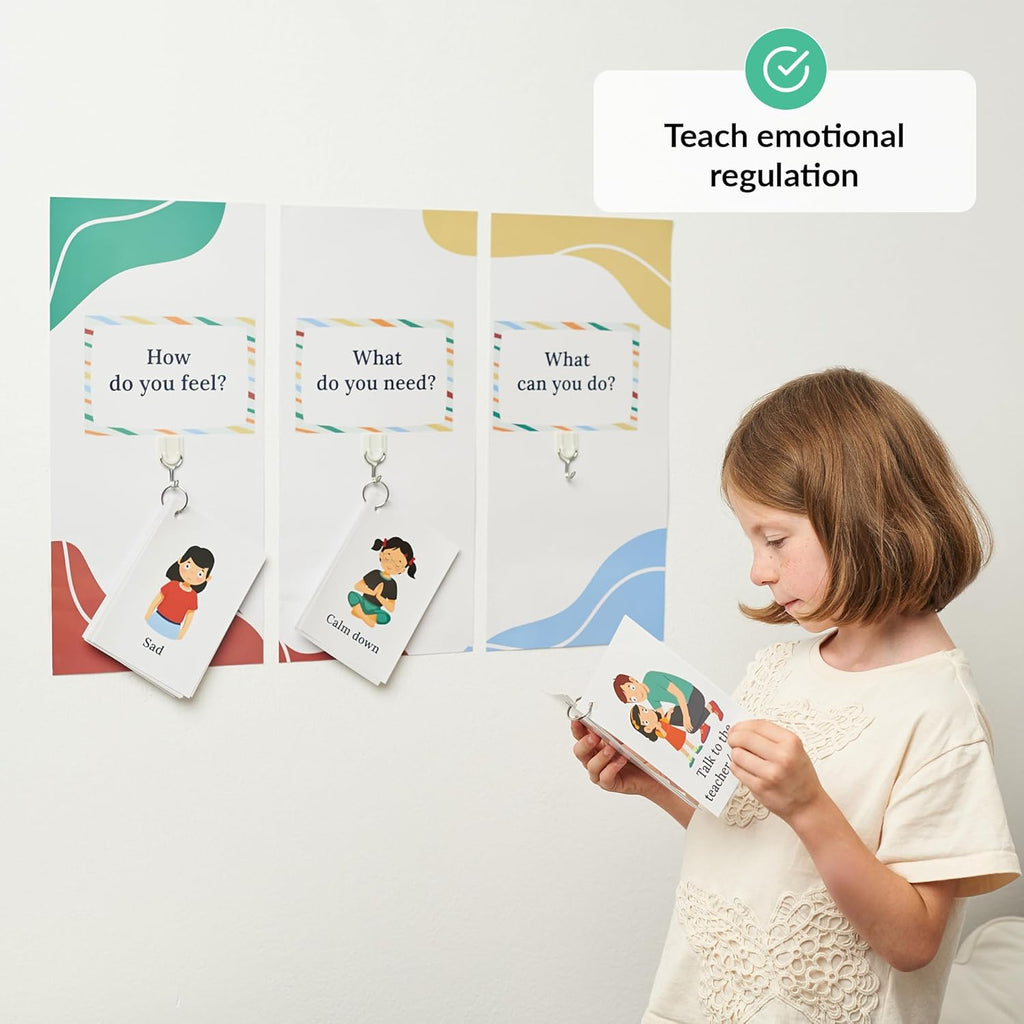 Child holding a card with emotional regulation cards on a white background