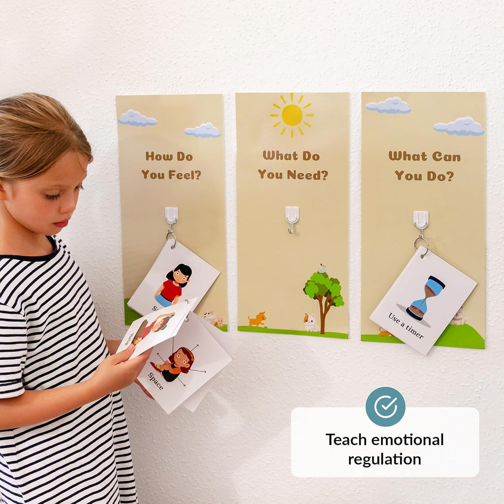 Child looking at calm down corner on a wall with educational posters.