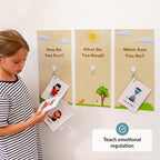Child looking at calm down corner on a wall with educational posters.