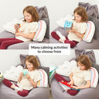 Collage of a child using various toys and devices on a bean bag chair with text 'Many calming activities to choose from'.