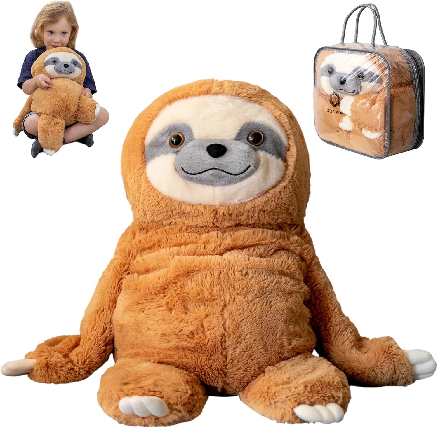 Plush sloth toy with a child holding it, and a carrying case.