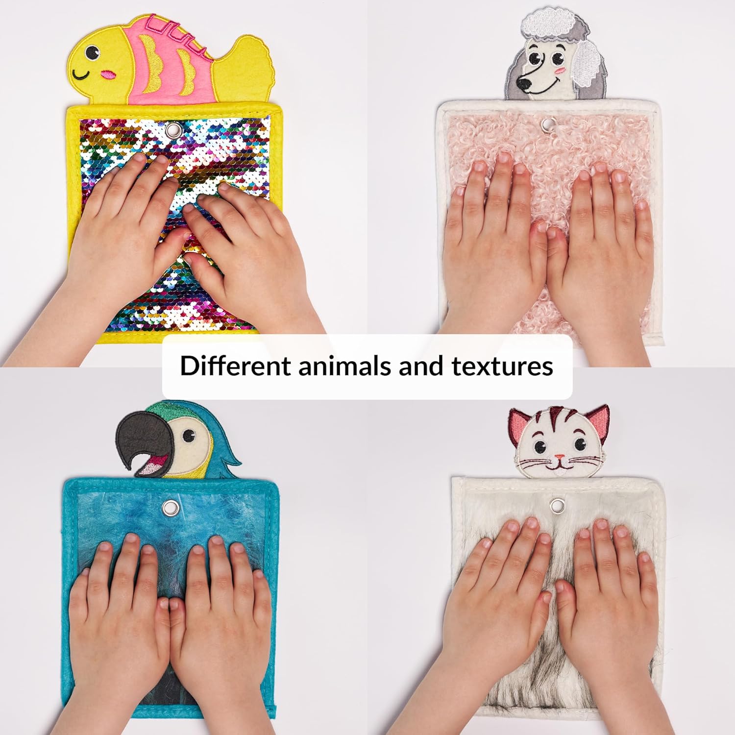 Collage of children's hands interacting with various textured animal-themed boards.