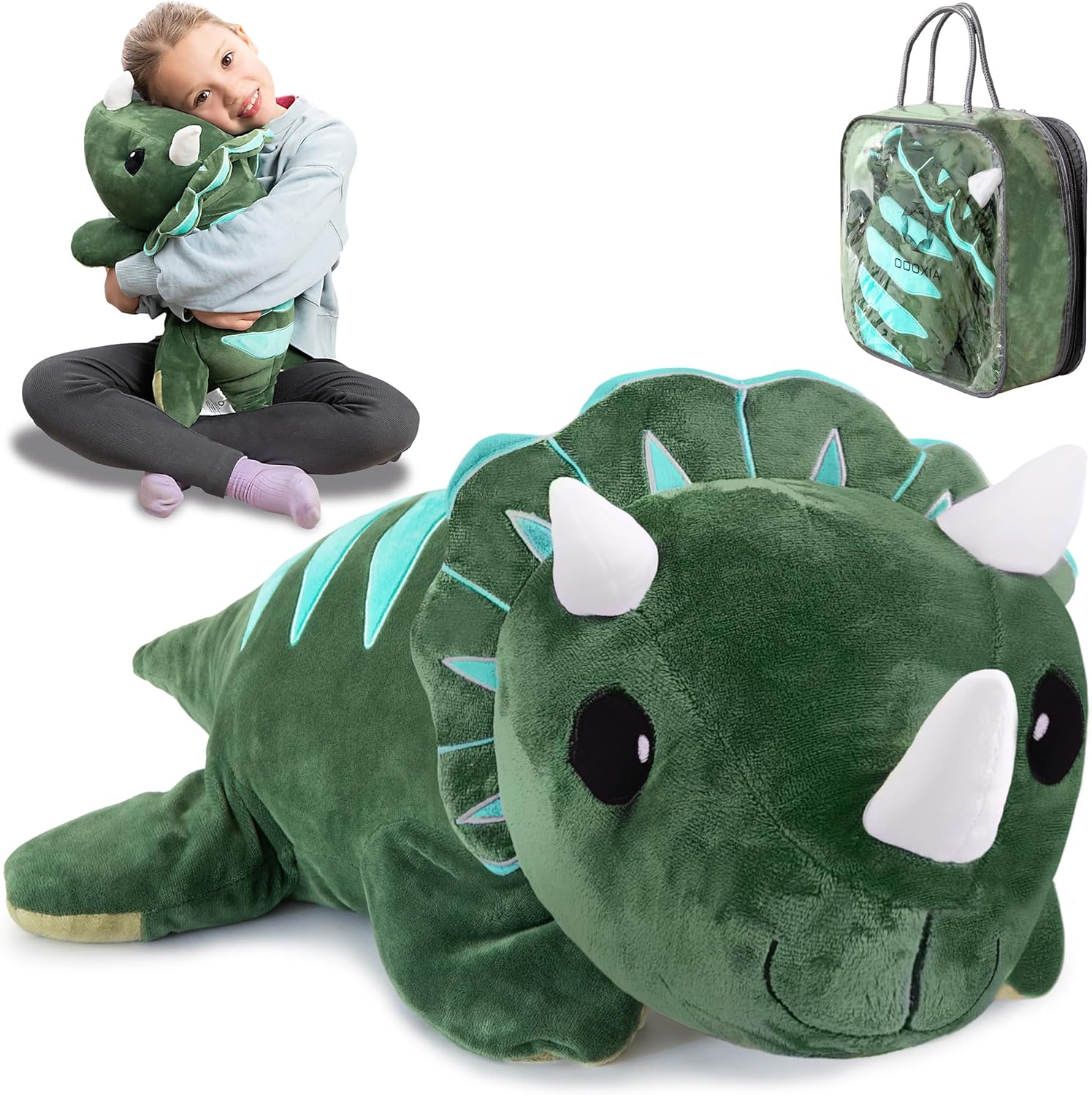 Green plush dinosaur toy with a child holding it, and a carrying case.